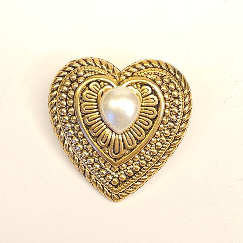 Gold Heart Brooch with Pearl Accent